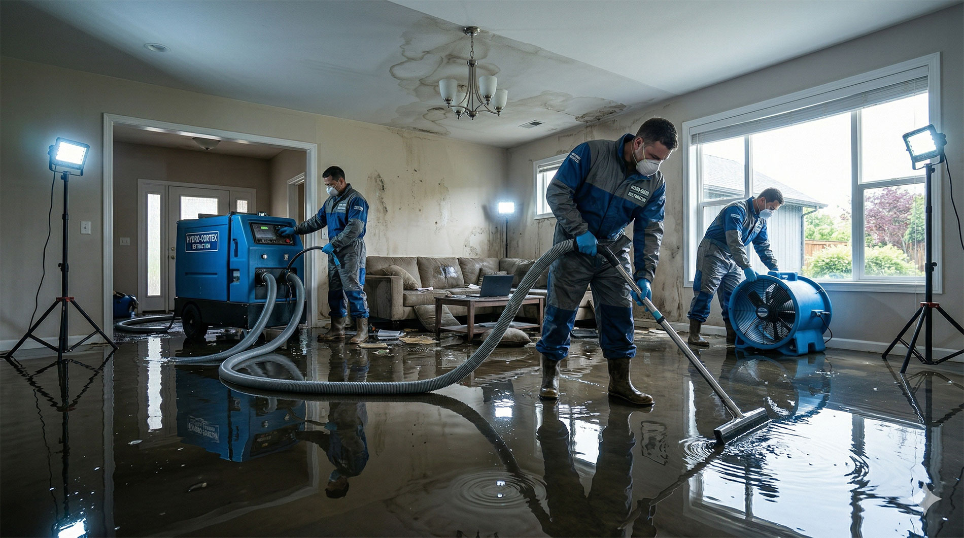 Wide angle view of technicians extracting water from flooded home floor using industrial vacuum machines, reflective water surface, workers in uniform, realistic indoor lighting, cinematic composition